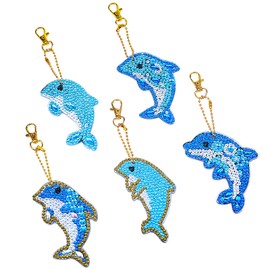 VETPW 5 Pieces 5D DIY Diamond Painting Keychain with Dolphin Design, Double-Sided DIY Full Drill Diamond Pasted Painting Keychain for Women Purse Backpack Handbag Decoration