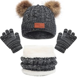 Baynetin Winter Beanie Hat, Scarf, Gloves Set, 3 Pieces Winter Hat Scarf Gloves Girls Set, Warm Beanie Hat Boys Gloves Round Scarf Set for Children 2-8 Years Old, black