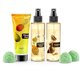 Fine Fragrance Body Mist & Body Splash Gift Set – Luxury Self-Care Combo for Women and Girls (Coconut, Cucumber, Mango Pear w/ Bath Fizzer, Bath Bomb)