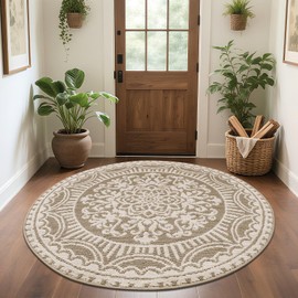 U'Artlines 4ft Round Area Rug Non Slip Low Pile Circle Floor Mat Beige
