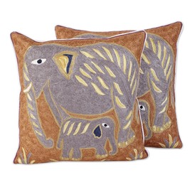 NOVICA Artisan Handmade Cotton Cushion Covers Elephant Theme Embroidered Chainstitch Pair Grey Brown Or Gold India Pillows Throws Animal Themed [for Size 15x15 15in L x 15in W for Size 17x17 17in L X]