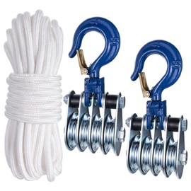 SHINICO 1Ton Four Cable Pulley Block, Heavy Duty Pulley System, Lifting Block Hoist with Hook and 65ft/20m Nylon Rope 0.39"/10mm