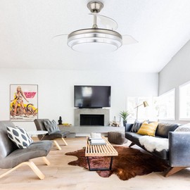 Bella Depot Retractable Ceiling Fan with Lights and Remote with 3 Color Change, Timing Options, Silent Noiseless for Dining Room Bedroom Kitchen (Nickel Brushed, 42")