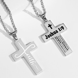 Gnamy Faith Cross Necklace for Men Male Him Teen Teenage Teenager Boy Kid, Stainless Steel Cross Pendant Chain Jewelry, Inspirational Bible Verse Christian Religious Gift, Silver Joshua 1:9