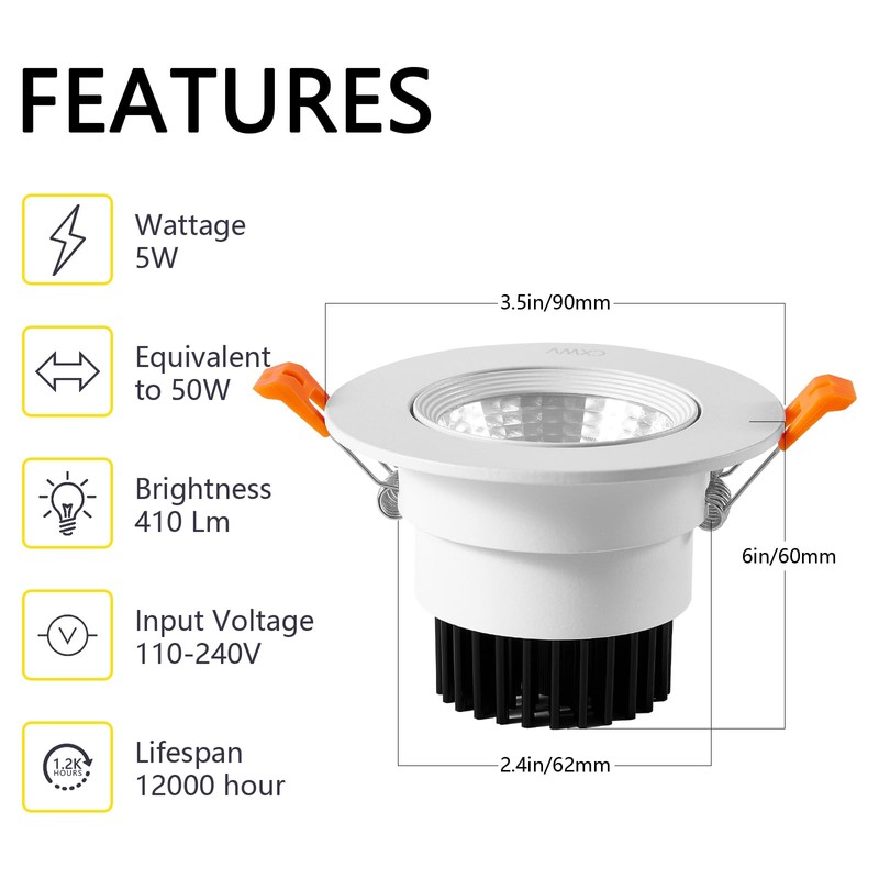 CXWV 3 Inch LED Recessed Downlight, 5W COB Ceiling Light