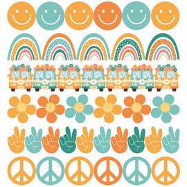 Qyeahkj 85Ft Hippie Bulletin Board Border Decoration Groovy Retro Straight Border Strips Daisy Rainbow Smiley Borders Trim Boho Hippie Bulletin Board Cutouts for School Office Wall Decor, 6 Styles