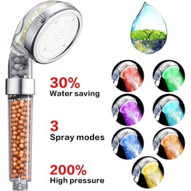 VewePata Filter Shower Head, Handheld Shower with 1.5m Shower Hose, Water-Saving High-Pressure Shower Heads for Dry Skin & Hair (7 Colors led Shower with Hose)