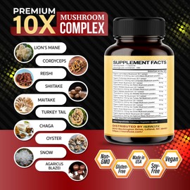 NURAFUSE Organic Mushroom 10-in-1 Formula - with Lion's Mane, Cordyceps Reishi, Shiitake, Maitake, Chaga, Non-GMO, Gluten-Free, Soy-Free (150 Count (Pack of 1))