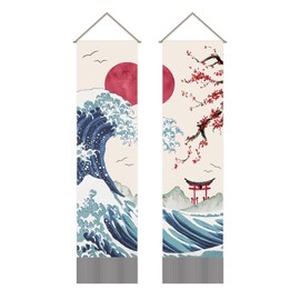 AHANDMAKER Pack of 2 Japanese Wave Tapestries Ocean Wave Tapestry Red Sun & Waves & Red Cherry Blossoms Tassel Tapestry Wall Hanging for Room, 13 x 51 Inch