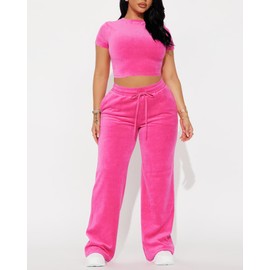 SMSN Women 2 Piece Outfits Velvet Sweatsuit Set Casual Short Sleeve Pullover Tops and Drawstring Wide Leg Sweatpant Tracksuit Sets Rose Pink L