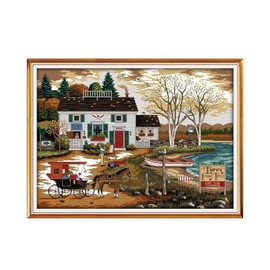 CaptainCrafts Cross Stitch Kits for Adults Stamped Kit 14CT Preprinted Fabric Cross Stitch DIY Art DMC Needlecrafts Embroidery Kits Needlework Crafts (Stamped 14CT, House Living by The Water)