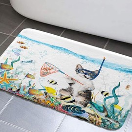 Funny Cat Bath Mat Bath Rugs, Cat Diving Bath Rugs Tropical Fish Bath Mat Rugs Teal Blue Ocean Bath Mat Coral Underwater Sea Animal Non-Slip Bath Mats for Bathroom Floor, Tub and Shower, 17x29Inches