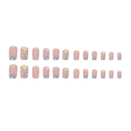 24 Pcs Press On Nails Short, False Nails With Glue, Almond Glue On Nails, Different Color Flowers Patterns Design Square Fake Nails Art Manicure Decoration Acrylic Nails for Women And Girls