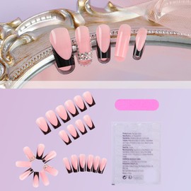 Vopintpy Glitter Rhinestones Press on Nails Long Square Fake Nails Black French Tip Acrylic Nails with Glue on Nails Glossy Reusable Stick on Nails for Women DIY Charm Manicure