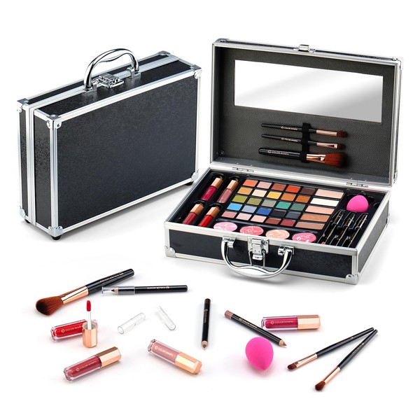 Makeup Kit For Women,All in One Makeup Gift Set for Girls in Cosmetic Train Case (Black) With Mirror,Full Starter Cosmetic Kit Includes Eyeshadow Palette,Lipgloss,Blushes