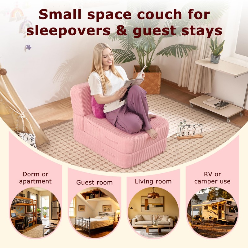HILERO Folding Convertible Sofa Bed, Sleeper Chair for Guest, Single,