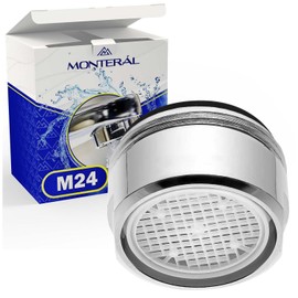 Aerator for taps with connection M24, made of chrome-plated brass, water consumption of 8.3 l/min, 3 bar. MONTERAL