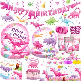 cocomigo 181pcs Pink Dinosaur Birthday Decorations Tableware Set, Watercolor Dinosaur Birthday Party Supplies with Banner Plates Cups Tablecloth for Girls Dinosaur Birthday Decorations, Serve 25