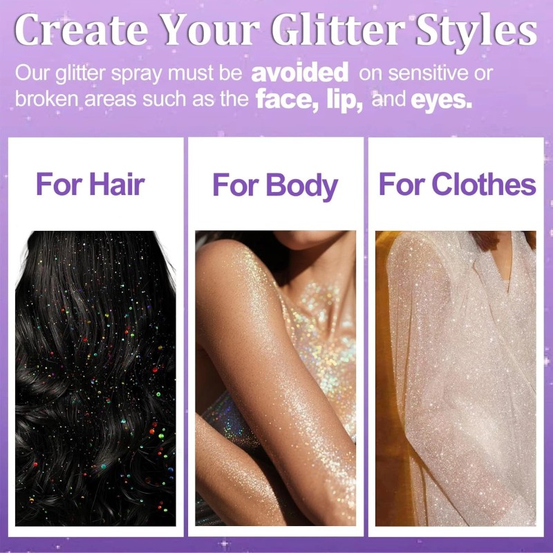 Yosca Body Glitter Spray, 3Pcs Holographic Silver Travel Shiny Glitter