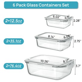 Vtopmart 2.26L/76oz Extra Large Glass Food Storage Containers with Lids, 6 pack Meal Prep Container Set, Airtight Lunch Boxes with Snap Locking Lids for Microwave, Oven, Freezer, Dishwasher