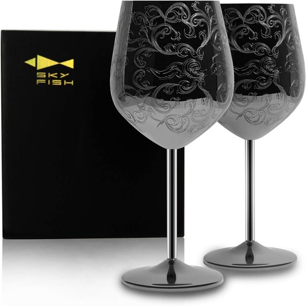 SKY FISH Bicchieri da Vino in Acciaio Inox, Set di 2 Calici da Vino Rosso, Placcati in Nero e Incisi con Intricate e Autentiche Incisioni Barocche, 480ml, Lavaggio Mano.