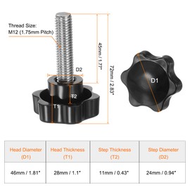 sourcing map 2pcs Star Knobs M12 x 45mm 304 Stainless Steel Threaded Stud 46mm Plastic 6-Star Head Hand Tightening Thumb Screw Clamping Jig Knob Handle, Black