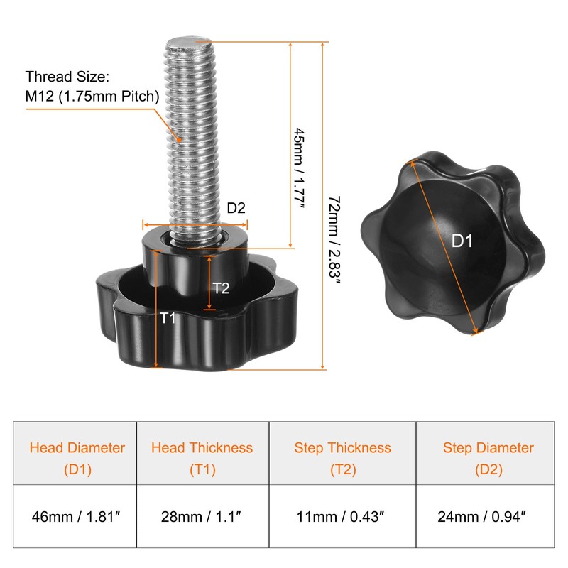 sourcing map 2pcs Star Knobs M12 x 45mm 304 Stainless