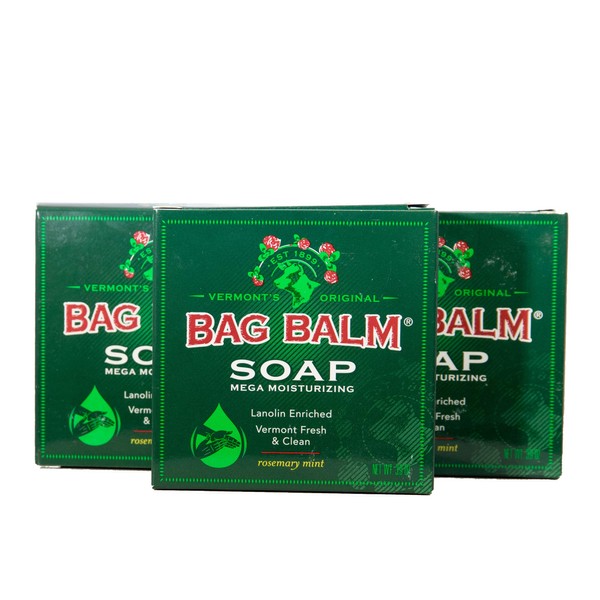 Bag Balm Vermont's Original Mega Moisturizing Soap Bar, Body Soap Bars, Hand Soap Bar - Sensitive Skin Soap, Soap for Dry Skin - Rosemary Mint Scented Bars of Soap, Body Soap Bar - 3.9oz, 3 Pack