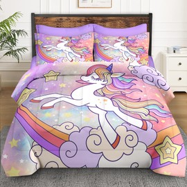 WeCozy 5 Pcs Twin Size Comforter Set with Pillowcase & Sham, Cute Animal Unicorn Bedding Set for Kids and Adults, Rainbow Girls Love Bed in a Bag with Flat Sheet and Fitted Sheet