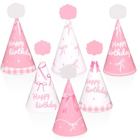 Yiaoyinnz 24pcs Pink Bow Party Hats Pink Bow Birthday Party Supplies Coquette Bow Cone Hats Pink White Happy Birthday Paper Hats with Elastic String for Kids Girls Adults Birthday Decorations Favors