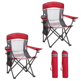 HIGH POINT SPORTS Portable Mesh Back Camping Folding Chair, Heavy Duty Fishing Lawn Chair, Padded Collapsible Outdoor Chair for Adults, Outdoor, Garden, Patio, Red, 2 Pack