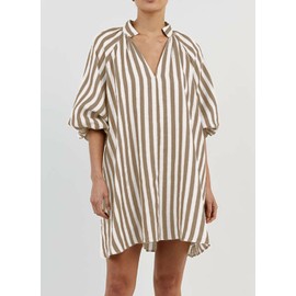 CHARTOU Women Summer Striped Beach Vacation Mini Dress 3/4 Sleeve Boho Chic Outfits Tunic Shift Dress(Large, Khaki)