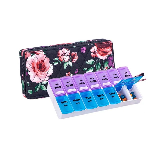 Weekly Pill Organizer Case, Quilted Floral Cotton Zipper Pill Case with 7 Day Vitamin Supplement Box, AM PM Pill Box 2 Times a Day for Vitamin Fish Oil (Black)