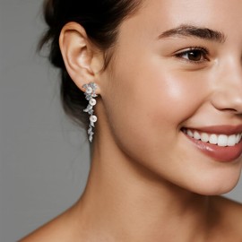 Sonateomber Silver Pearl Prom Long Dangle Earrings for Women, Elegant Rhinestone CZ Leaf Butterfly Bridal Earing Wedding Fashion Jewelry Gift