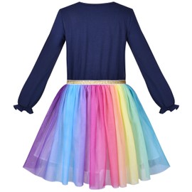 Girls Dress Rainbow Colorful Long Sleeve Cotton Tulle Party Casual Outfits Clothing Age 5 Years