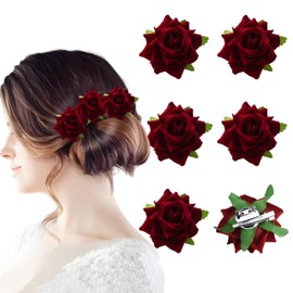 6Pcs Rose Hair Clips Rose Brooch Floral Clips Burgundy Rose Clips Floral Hair Clips for Women Wedding Party Valentine's Day Hair Accessories