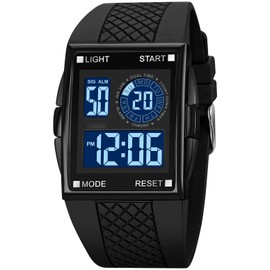 PASOY Unisex Digital Bracelet Watch Backlight Mens Women Square Alarm LED Black Rubber Watchband Sports Outdoor Waterproof Watch