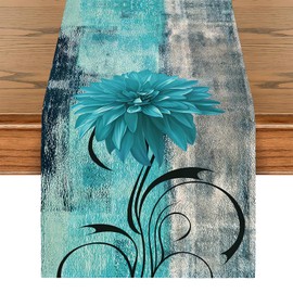 Table Runner Spring Vintage Blue Autumn Linen Abstract Teal Flowers Table Decoration Rustic Oil Painting Table Runner Accent Table Decorative Cloth for Banquet Party Holiday Weddings 33 x 183 cm