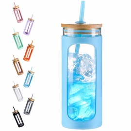 Kodrine 20oz Glass Water Tumbler with Straw and Lid, Bamboo Lids Water Bottle, Iced Coffee Cup Reusable, Wide Mouth Smoothie Cups with Protective Silicone Sleeve BPA FREE-Light Blue