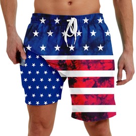 westwolf Deep Blue Red Swim Trunks with Compression Liner for Men's Plus Size Swimming Suits Men American Flag 7" Bathing Suits Man Hawaiian Style Swimwear XX-Large
