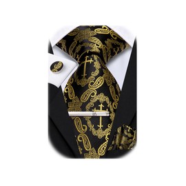 Hi-Tie Black Gold Ties for Men Silk Tie and Pocket Square Cufflinks Clip Pin Set 4 PCS Necktie for Wedding Business