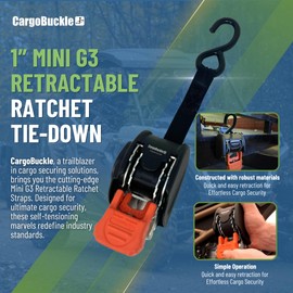 CargoBuckle Mini G3 Retractable Ratchet Straps, 1400 lbs Break Strength, 1-Inch Width X 6 ft Reach, Self Retracting Ratchet Straps for Trailers, Toy Haulers, ATVs, and Motorcycles - 2 Pack