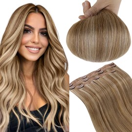 RUNATURE Real Hair Clip-In Extensions with Gold Blonde, Real Hair Clips Extensions, Clip-in Real Hair Extensions, Real Hair Clips in 30 cm, #10P16, 50 g, 3 Pieces