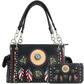 Justin West Tribal Dream Catcher Feather Embroidery CCW Concealed Carry Handbag (Black Handbag Wallet Set)