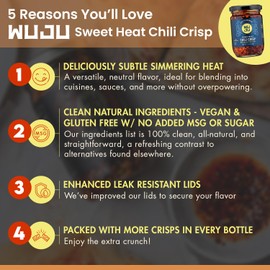 WUJU Sweet Chili Crisp - Crunchy Spicy Peppers, Chilies, Garlic Crisps, Sesame Seed in Szechuan Chili Oil, for Recipes, Toppings - 7.41 Ounce - 1 Pack