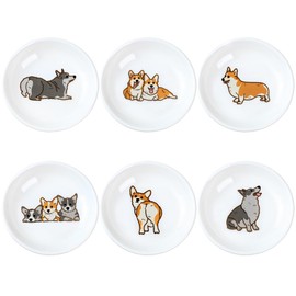 Bicuzat Cute Cartoon Animals Pattern Ceramic Sauce Dishes, Seasoning Dishes, Sushi Soy Dipping Bowls, Appetizer Plates, Dessert Plates, Little Cat Bird Feeding Bowls, Set of 6-Corgi-A-3.5 Inch