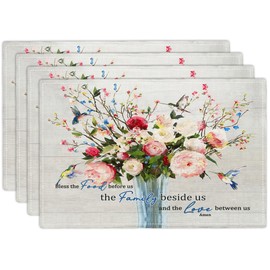 Christian Flower Summer Placemats Set of 4, 12x18 Inch Spring Floral Table Place Mat Religious Washable Non-Slip Heat Resistant Fabric Placement Mats for Dining Kitchen Indoor Outdoor Decor