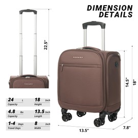 Verage Underseat Carry On Luggage with Wheels, 14.5-Inch Spinner Small Suitcase, Softside Lightweight Travel Bag for Men and Women, Airplane Carry On Bag, Chestnut Brown
