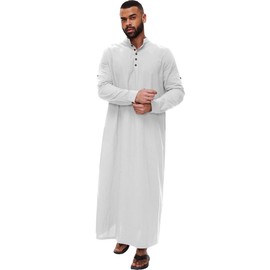 YAOHUOLE Muslim Thobe for Men Button down Muslim Men Long Sleeve Thobe Men Caftan White XL