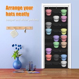 Hat Rack for Baseball Caps, 27 Pockets Over The Door Baseball Hat Organizer, Fitted Hat Storage for Closet Wall Mount Bag With Large Pockets & 3 Hooks, Hat Holder Hanger Organization to Display Caps - Color: Black
